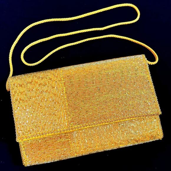 Vintage Walborg Gold Beaded Clutch Purse Bag Flap Front Rope Shoulder Strap - Picture 1 of 11